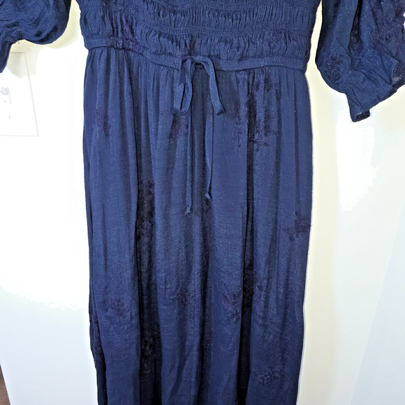 Smocked waist peasant square neck dress Large Navy Rayon Puff Sleeve Cottagecore - Picture 3 of 9